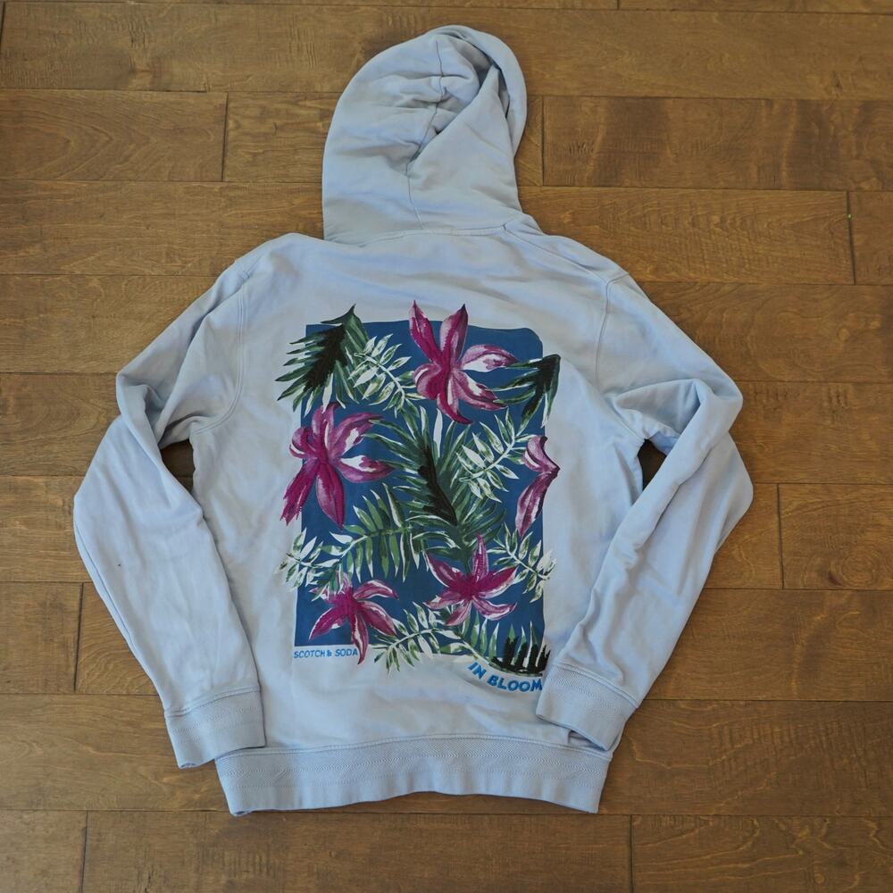 Scotch & Soda Mens Blue Cotton Floral Weekend Edition Pullover Hoodie Large